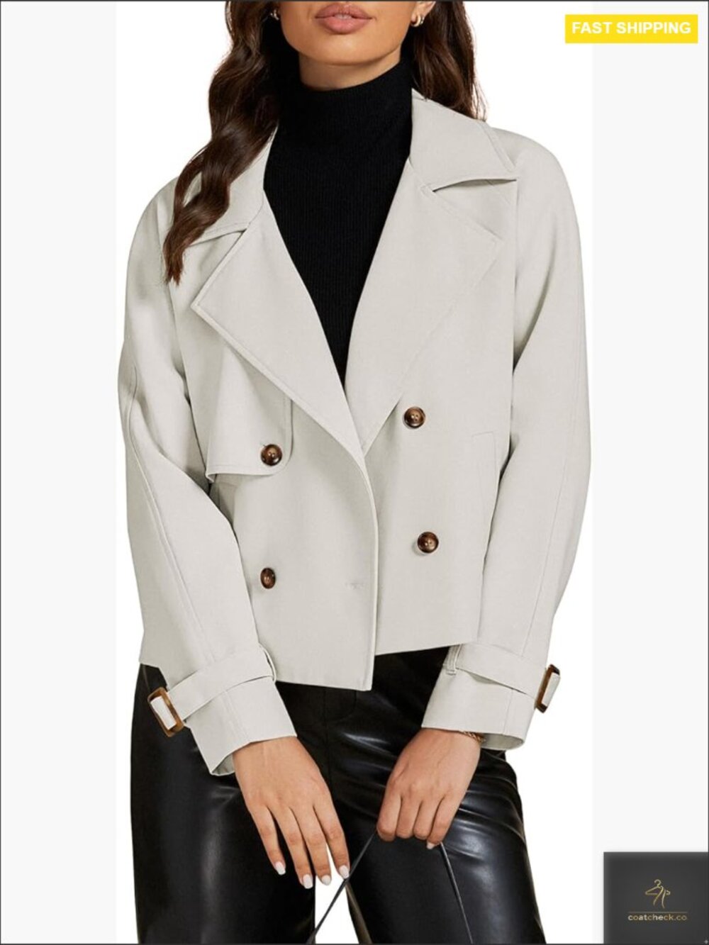 Cropped Trench Coat Long Sleeve Double Breasted Notched Lapel Loose Fit Jacket